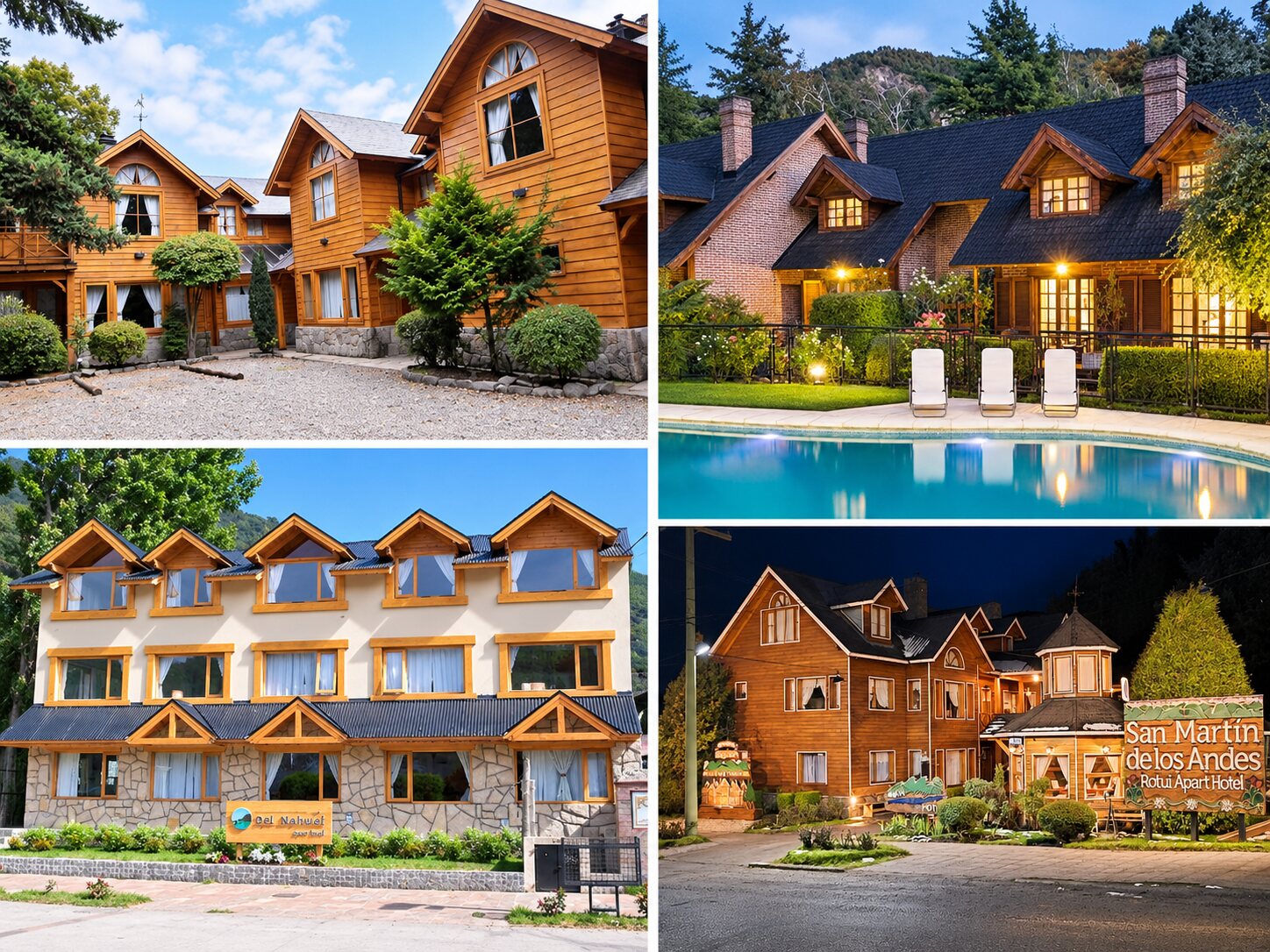 Collage showing apart hotel buildings in San Martín de los Andes