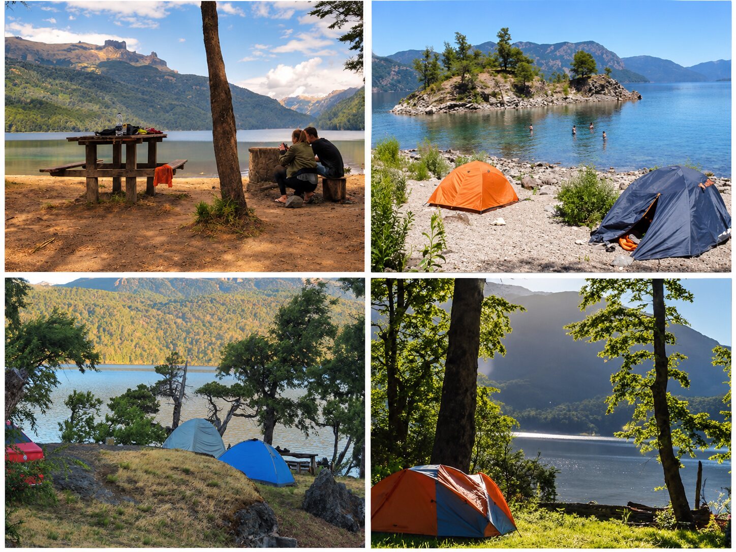 Collage showing camping areas beside lakes and forests near San Martín de los Andes