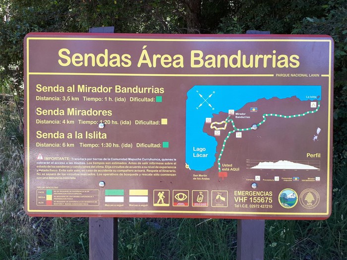 Trail information sign for the Bandurrias area near Lake Lácar