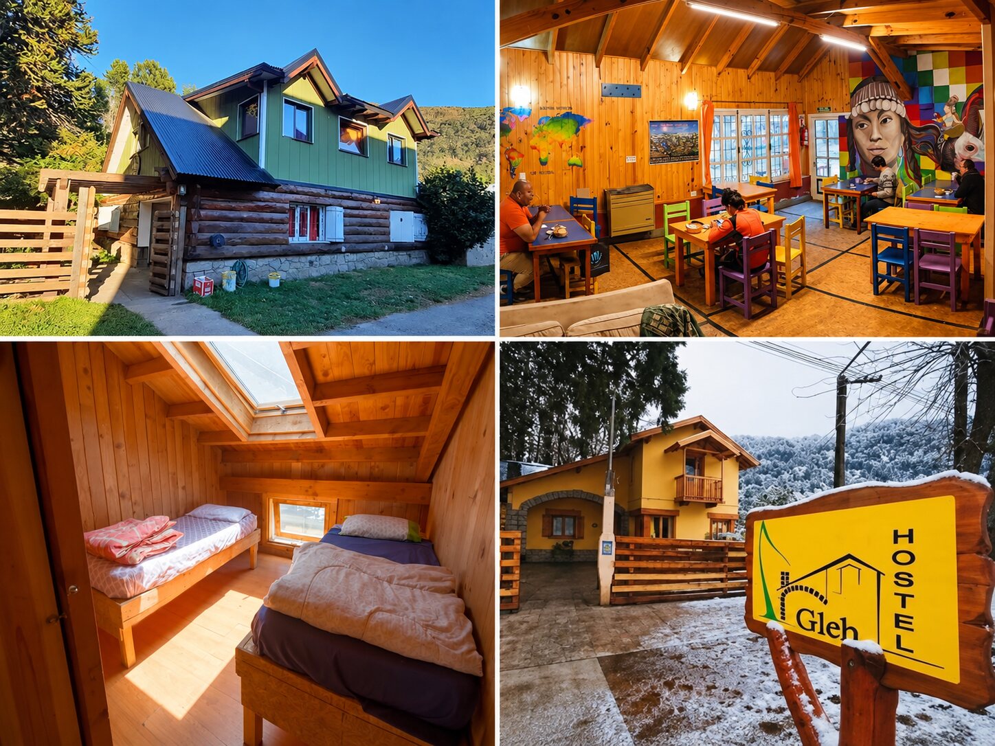 Collage showing hostel buildings, a shared dining area and a bedroom in San Martín de los Andes